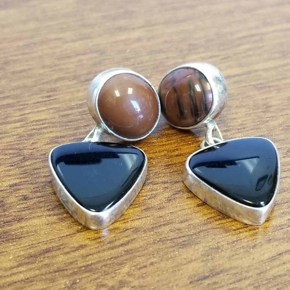 Vintage black onyx silver pierced earrings